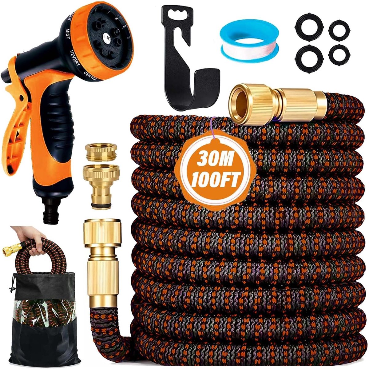 SnelShoppen - Flexibele Tuinslang 30m - Multifunctionele Tuinwaterslang met 10 Functies - Duurzame 3-Laagse Latex - Oranje Metalen Aansluitingen 3/4 i