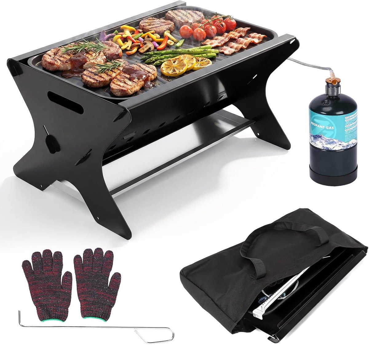 SnelShoppen - Draagbare Gasgrill met Insteeksysteem - Gas & Houtskool Grill - Inclusief Gietijzeren Grillplaat, Draagtas - Perfect voor Camping, Tuin,