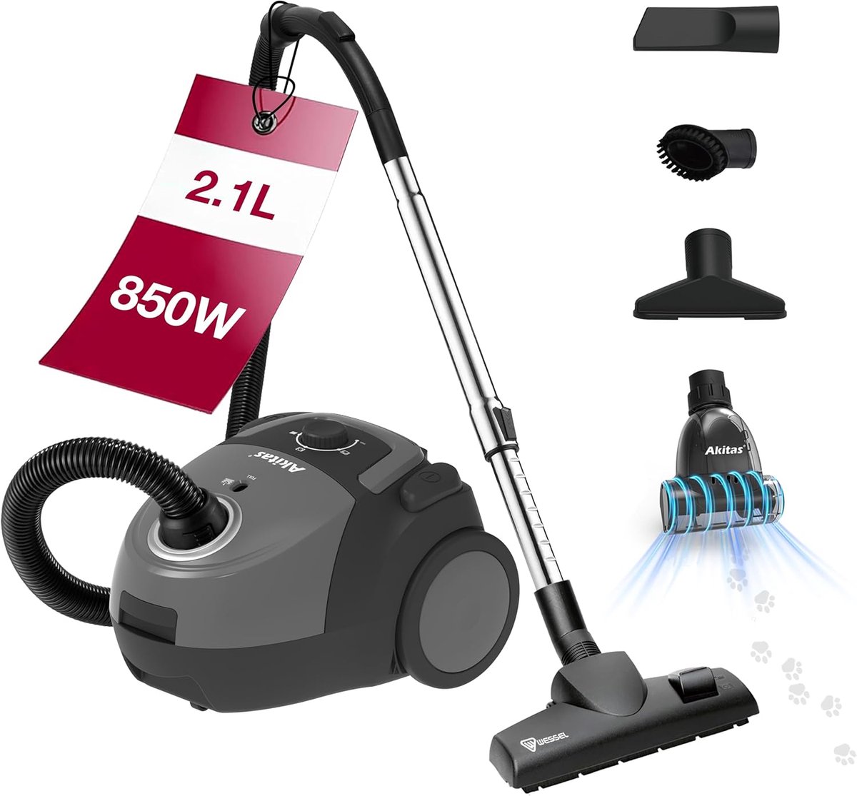 SnelShoppen - Zakstofzuiger met Turbo Dierenhaarborstel, 850W Sterke Zuigkracht, Compact & Lichtgewicht, Geschikt voor Tapijt en Harde Vloeren, 9 Mete