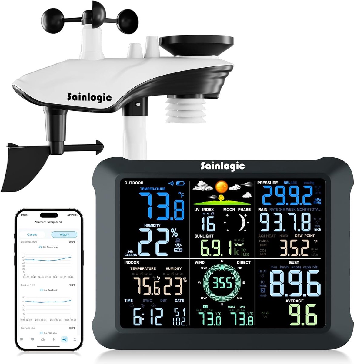 SnelShoppen - Weerstation WLAN Intelligent SA9 met 21,6 cm Groot Display, Nauwkeurige Weersvoorspelling, UV Meter, Digitale Regenmeter, Windmeter, 2 J