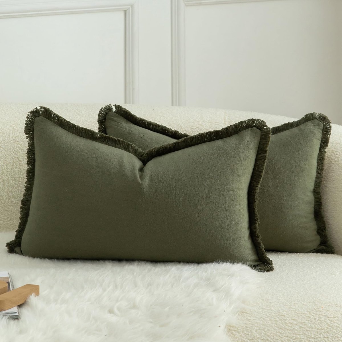 SnelShoppen - Set van 2 Neutrale Katoenen Kussenslopen 30x50cm - Boho Stijl Decoratieve Kussenhoezen - Olijfgroen - Voor Bank, Sofa, Slaapkamer en Woo