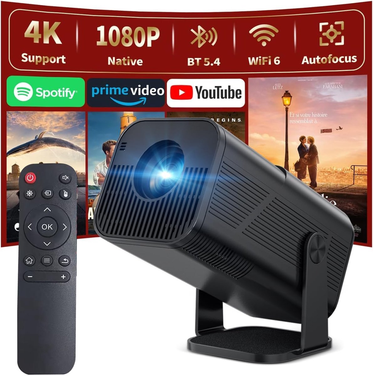 SnelShoppen - 4K Smart Mini Beamer, WiFi Bluetooth 1080P Full HD, Automatische Trapeziumcorrectie, HDMI Compatibel, Zwart voor Home Cinema, Feest, Tui