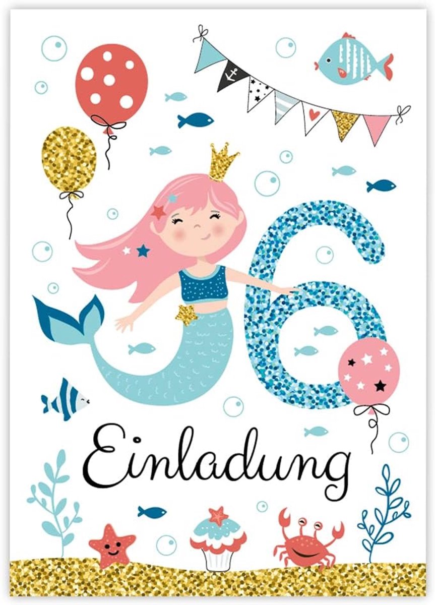 SnelShoppen - 12 kleurrijke uitnodigingskaarten zeemeermin voor 6e verjaardag meisje - Verjaardagsuitnodigingen kinderen - Feestelijke kaartjes voor v