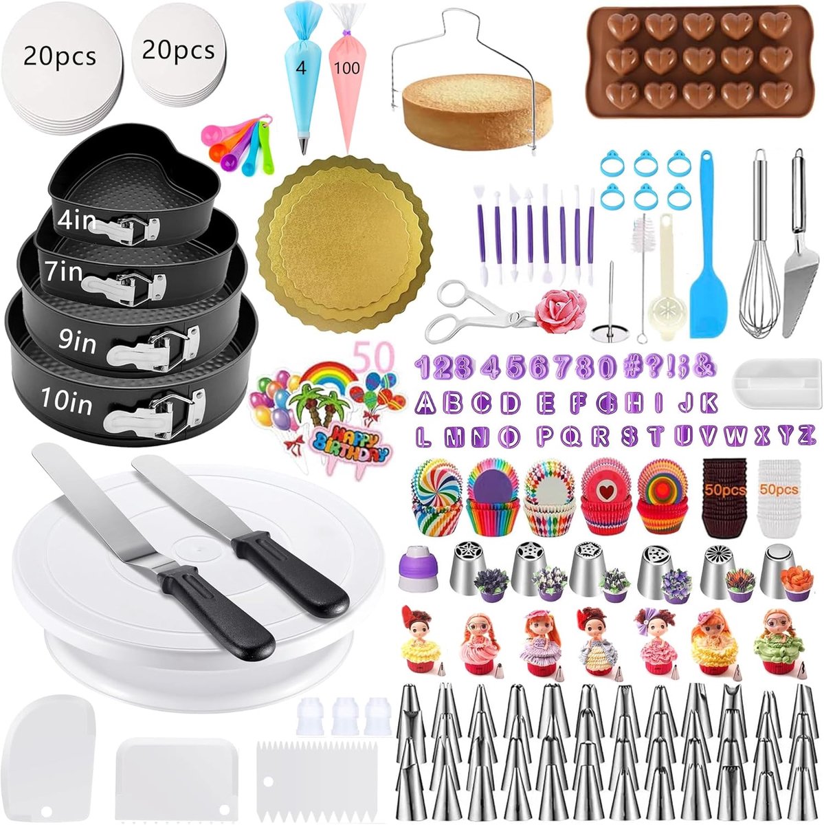 SnelShoppen - 540-delige Taartdecoratieset met 4 Springvormen, Draaibare Draaiplaat en Decoratiegereedschap voor Beginners, Bakaccessoires voor Feeste
