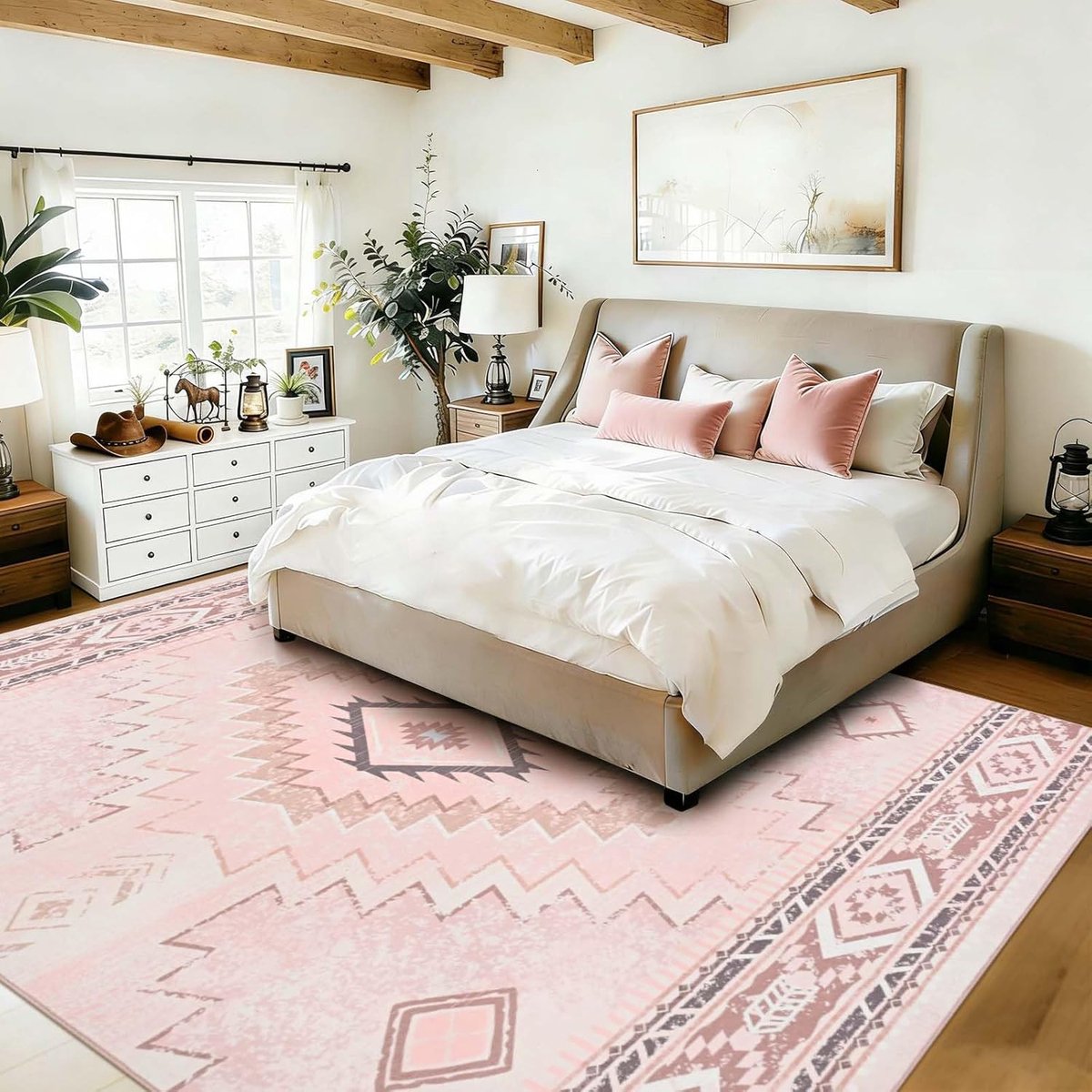 SnelShoppen - Vloerkleed Laagpolig Antislip Zacht Wasbaar Vintage Geometrisch Patroon Roze 140 x 200 cm Keukentapijt Loper voor Woonkamer Slaapkamer K