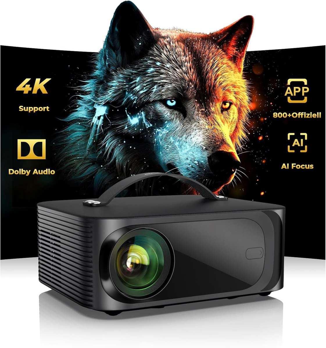 SnelShoppen - Beamer 4K Draagbare Mini Projector voor Netflix, Dolby Audio, 1500ANSI HDR10+, HDMI eARC, 1080p Full-HD, WiFi 6, Bluetooth 5.3, Thuisbio