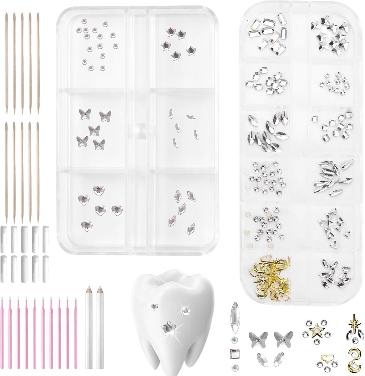 SnelShoppen - Tooth Gems Zahnstein Schmuck Set met 150 Strasssteinen, 20 Nieten, 32 Werkzeuge en 2 Opbergdozen voor Nageldesign, Handys, Feestdecorati