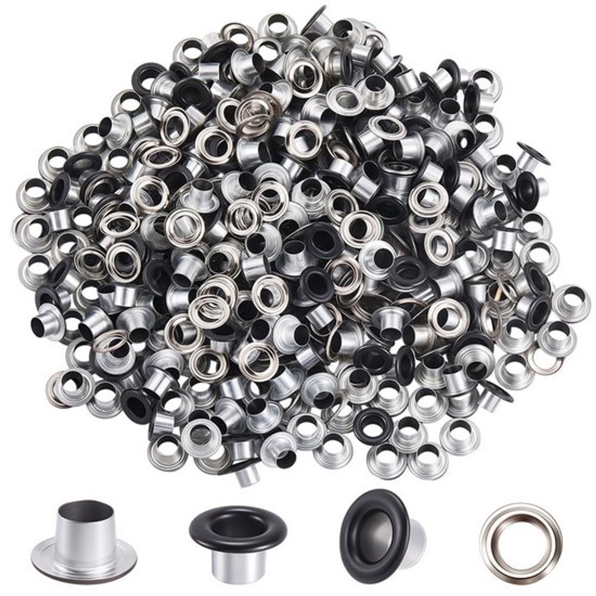 1 doos met 300 stuks ID-ringen, ogen, 4 mm gat, zwarte zelfklevende ringen, ijzeren metalen snelsluitringen, set met ringen voor het repareren van kralenkernen, kleding, schoenen, leer en canvas, doe-het-zelf