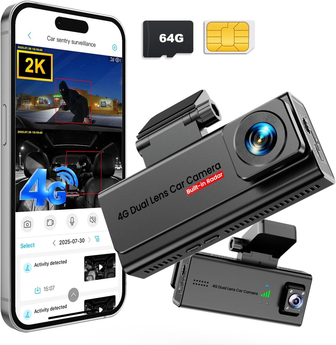 SnelShoppen - 4G LTE Dashcam Auto met Parkeerbewaking 24/7, Live Weergave, 2-Weg Audio, G-Sensor, Bewegingsalarm en GPS voor Gezinnen, Taxi en Rijdien