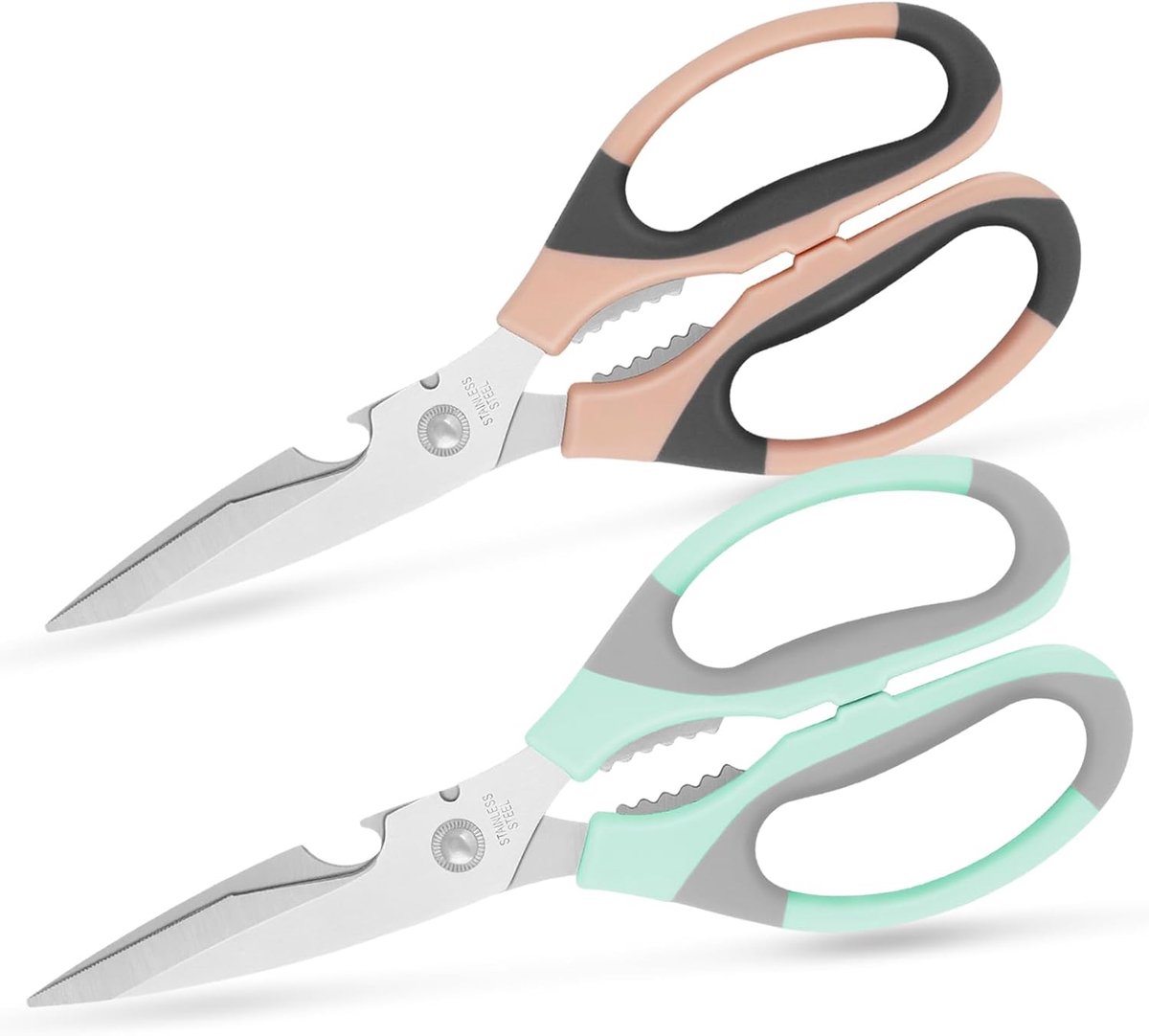 SnelShoppen - Keukenschaar Set van 2 - Roestvrij Staal - Multifunctionele Keukenschaar met Zachte Grip - Roze, Grijs, Blauwgrijs - Ideaal voor Keuken,