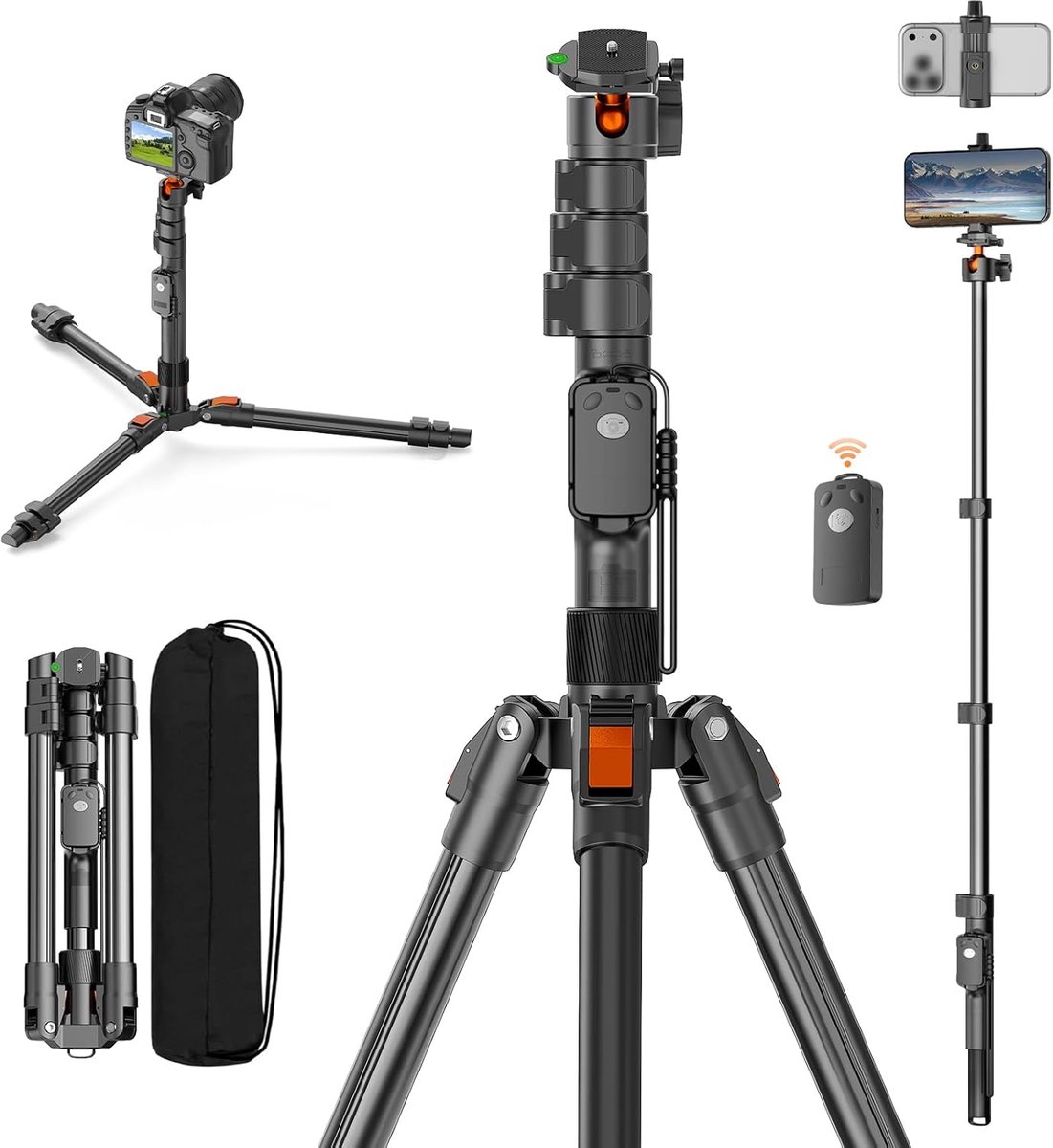 SnelShoppen - 191cm Camerastatief, Aluminium Smartphone Statief met Afstandsbediening, 360° Kantelkop, Verstelbaar Tripod voor Camera, Mobiele Telefoo