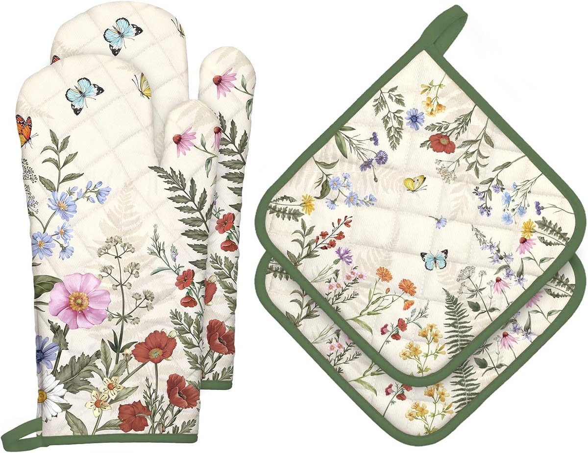 SnelShoppen - Ovenwant en Pothouder Wilde Bloemen 4-delig Set, 100% Katoen Hittebestendige Kookhandschoenen, Keukenaccessoires voor Koken, Bakken en G