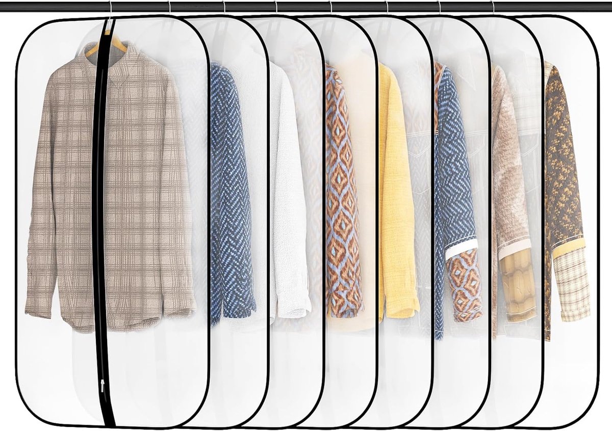 SnelShoppen - 8-delige Garment Bags Set - Premium Kledinghoezen 60x120CM - Bescherming voor Suits, Jassen, Overhemden - Zwarte Kleedhoezen met Rits -