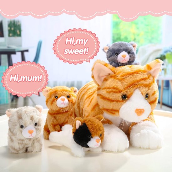 SnelShoppen - 5-Delige Grote Pluche Katten Set - Zachte Knuffel Toy met 4 Schattige Kittens - Fluffy Moeder en Baby Katten - Perfect Cadeau voor Verja van Snelshoppen — afbeelding 3