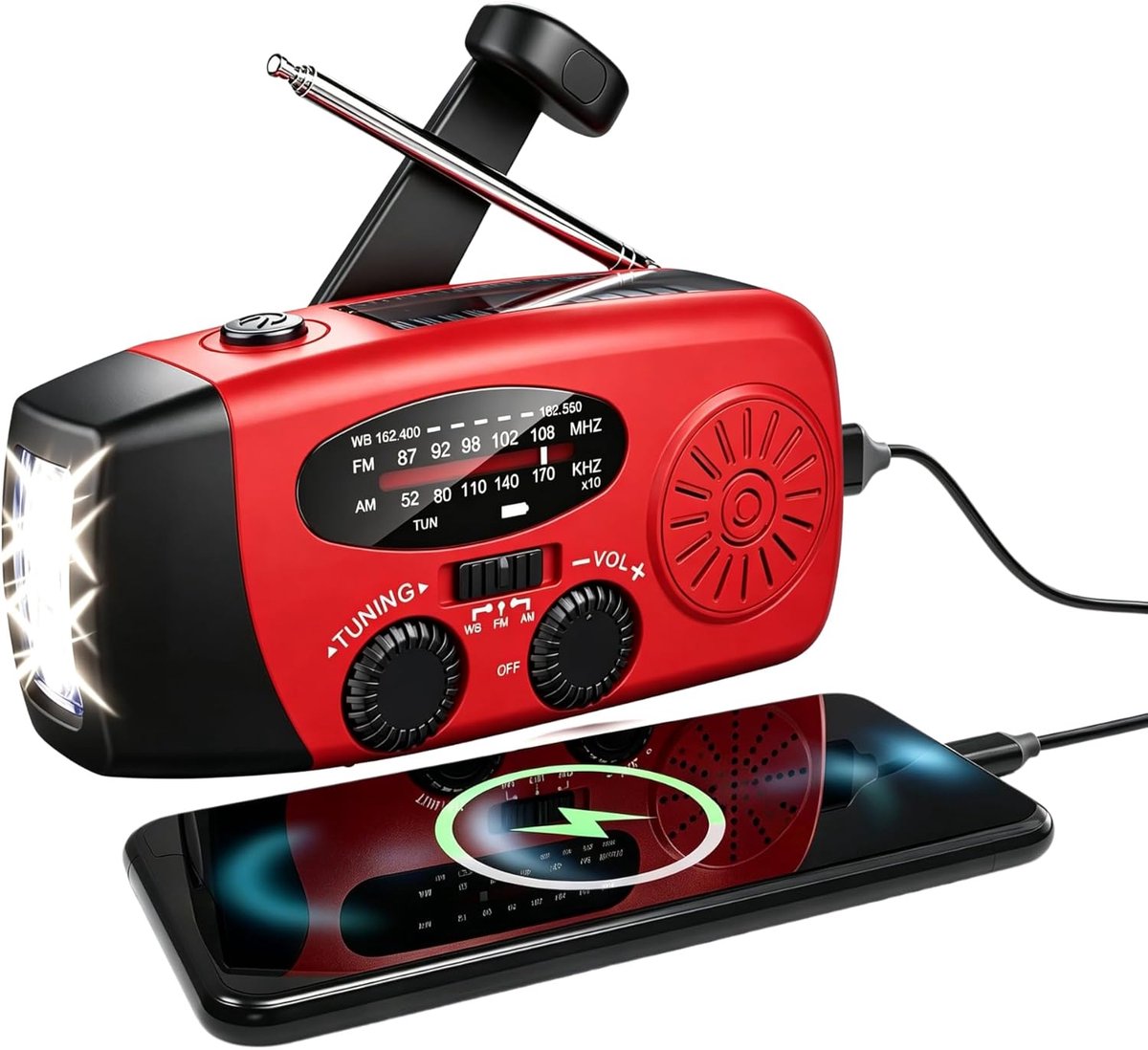 SnelShoppen - Emergency Solar Radio Handcrank Radio AM/FM/NOAA met 1200mAh Accu Oplaadbaar voor Kamperen, Hiking, Buitenactiviteiten