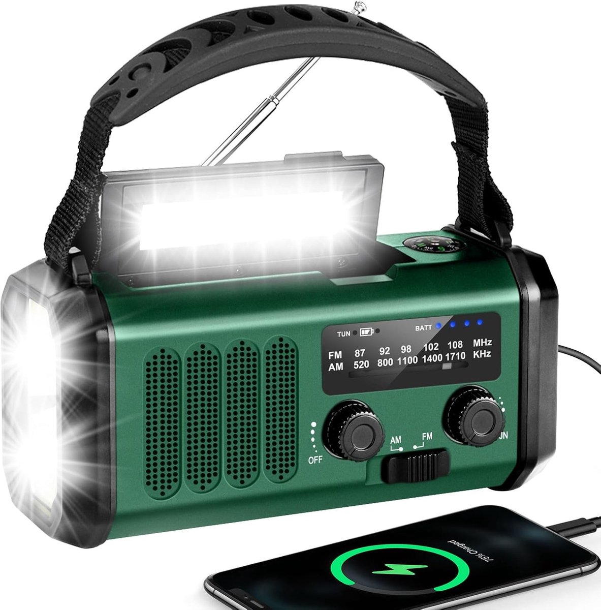 SnelShoppen - Multifunctionele Solar Radio met 20000mAh Accu, Draagbare Noodradio met AM/FM, Powerbank, LED Campinglamp, SOS Alarm en Kompas - Donkerg