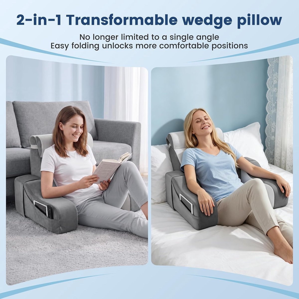 SnelShoppen - 2-in-1 Omkeerbaar Leeskussen met Verstelbare Rugleuning, Verwijderbare Armleuningen en Hoofdkussen, Ideaal voor Bed en Bank, 20° en 55°
