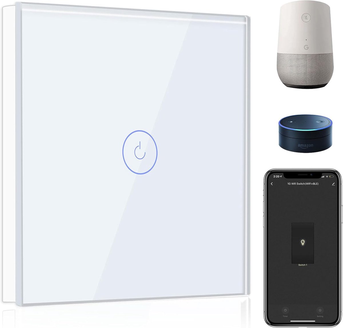 SnelShoppen - Smart Light Switch WiFi Wit, 1 Weg Aanraak Schakelaar, Compatibel met Alexa en Google Home, APP Afstandsbediening, Timer Functie, Vereis