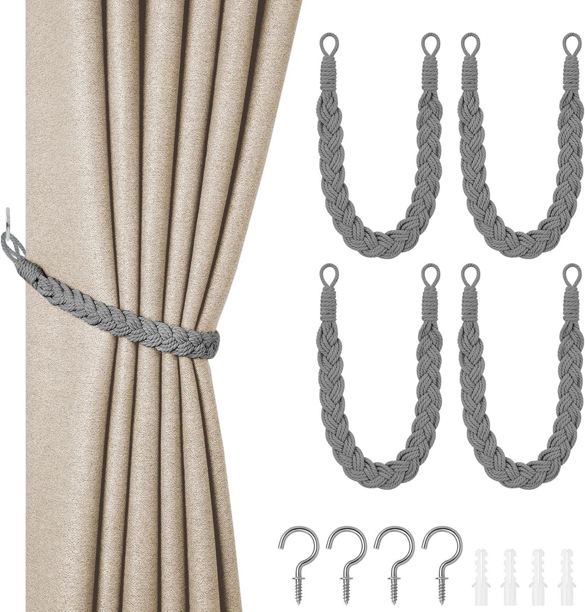 SnelShoppen - Handgeweven Katoenen Gordijn Touwtjes - 4 Stuks Elegante Boho Stijl Decoratieve Draperie Houders met Metaal Haak voor Thuis en Feest