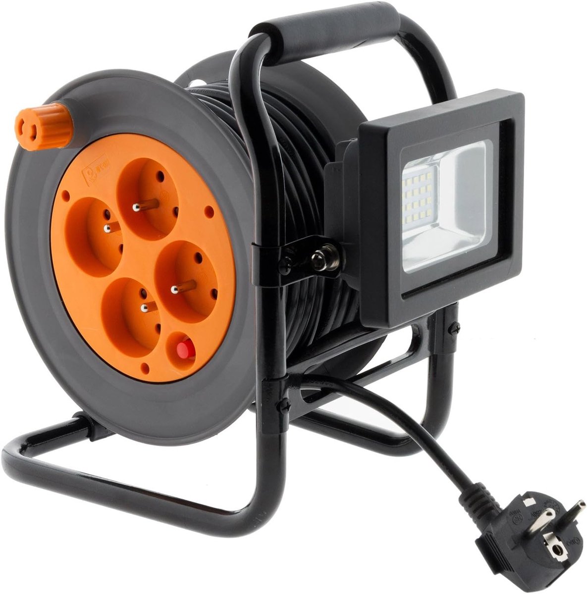 SnelShoppen - Elektrisch Snoerhaspel 15m met 4x 2P+T Stopcontacten en 10W LED Floodlight voor Tuin, Camping, Feest en Binnengebruik