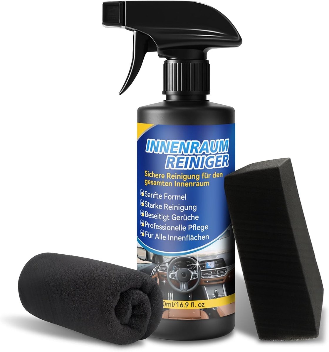 SnelShoppen - Car Interior Cleaner Set 500 ml - Alles-in-één Interieur Reiniger voor Auto - Microfiber Doek & Spons Inclusief - Perfect voor Leer, Pla