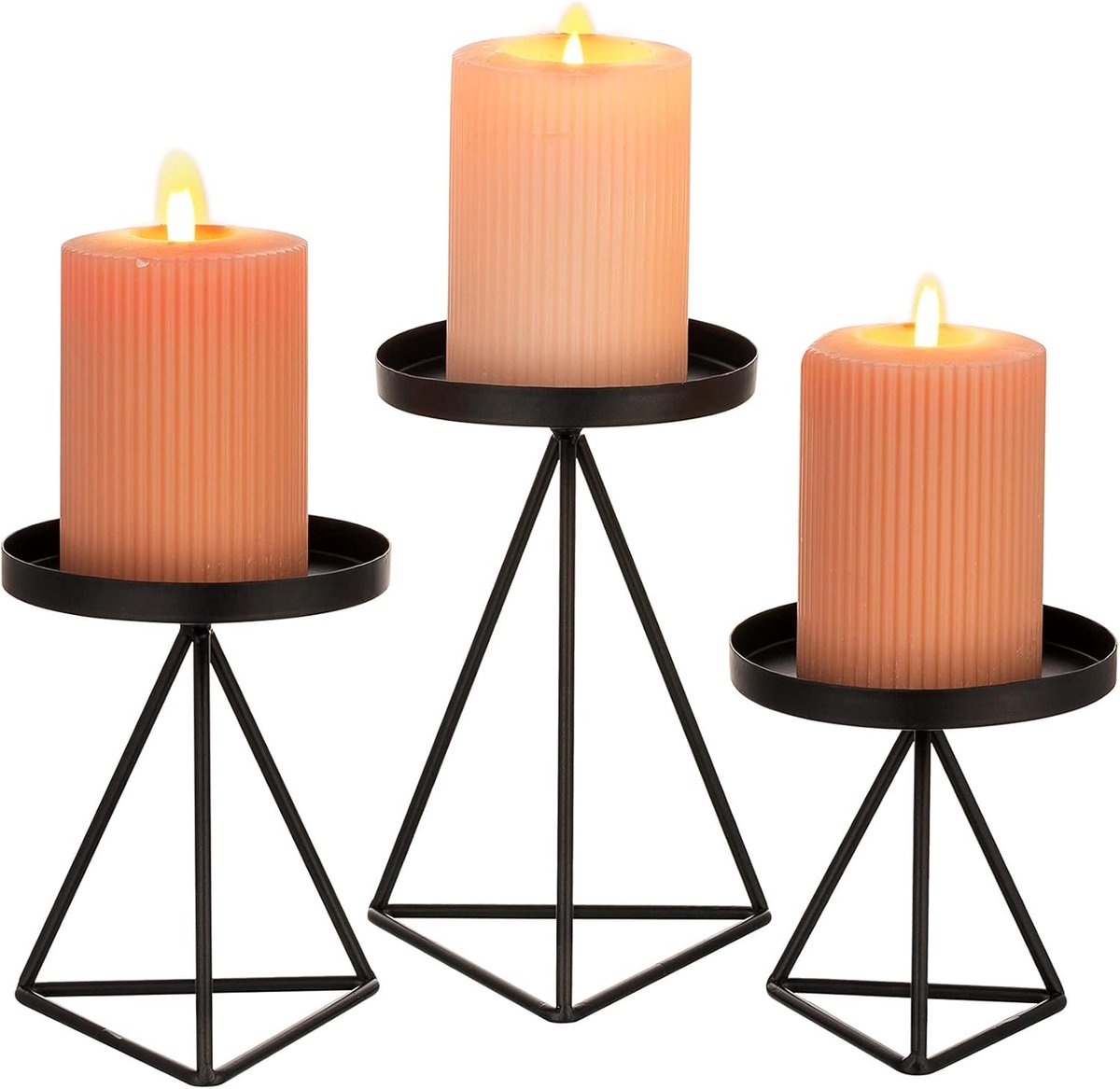 SnelShoppen - Geometrische Zwarte Kaarsenhouders voor Pilaarkaarsen - 3 Stuks Metalen Vintage Kandelaar Set voor Woonkamer Eetkamer Haard Kerstmis Ver