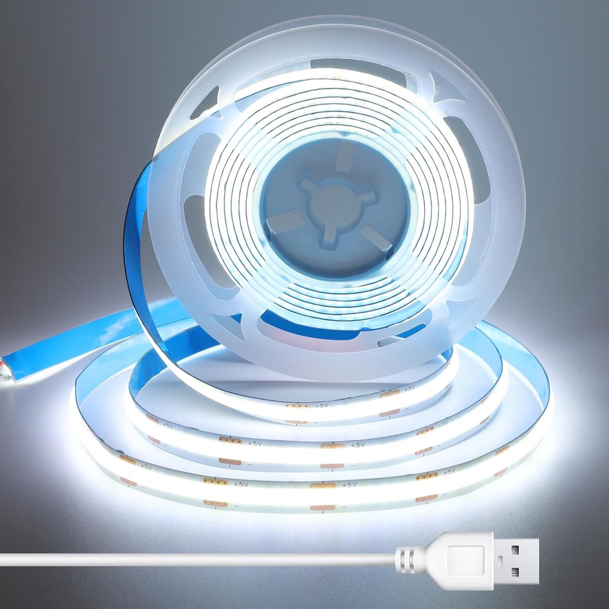 SnelShoppen - 1m USB LED Strip met 1.5m Kabel, 8mm Breed, CRI 92+, 5V Koel Wit LED Tape voor TV Achtergrond, Spiegel, Caravan, Zelfklevend, 6000K Indi