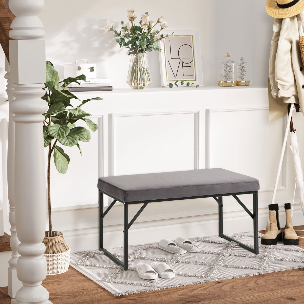 FloraGrace Zitbank 100 x 35 x 47 cm - Gepolsterde Zitting In Velourslook - Voor Hal, Slaapkamer Of Woonkamer - Polyester - Donkergrijs