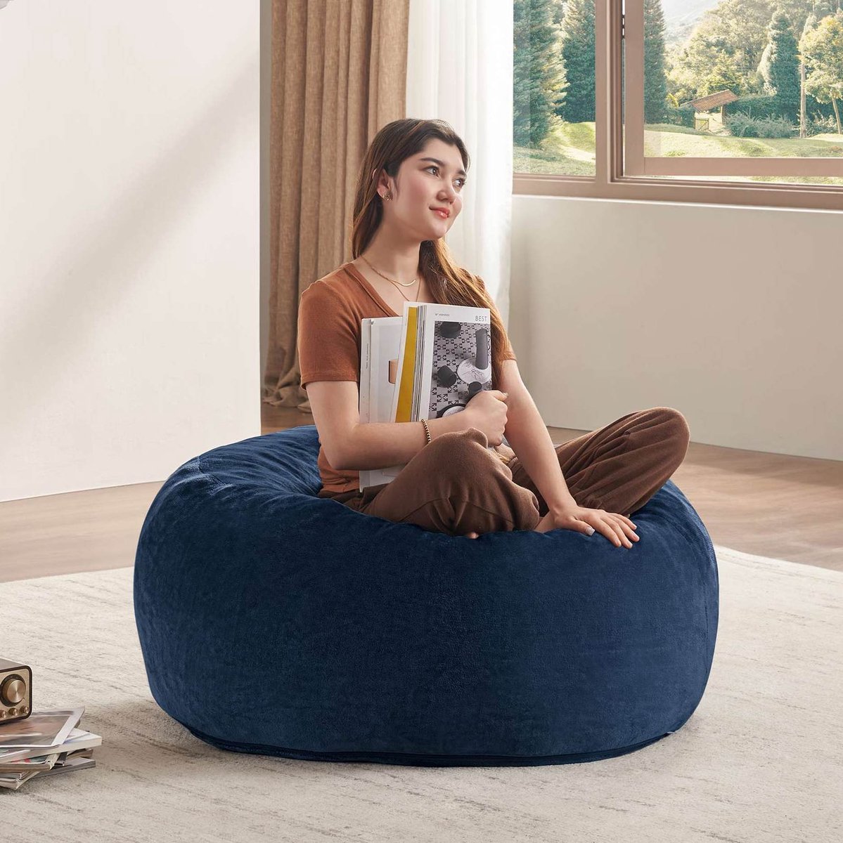 MODENUIT Zitzak 90 x 90 x 50 cm - Opvouwbaar Met Wasbare Hoes - Voor Woonkamer En Slaapkamer - Fluweel Blauw