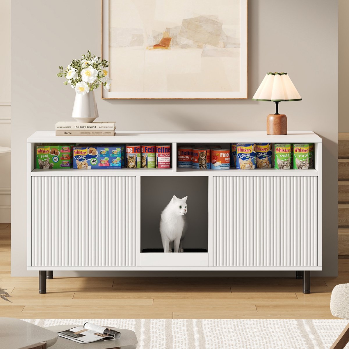 Kattenbakmeubel – 120 x 50 x 66 cm – MDF – Wit – Met Dubbele Deuren, Opbergvakken en Zandvangmat