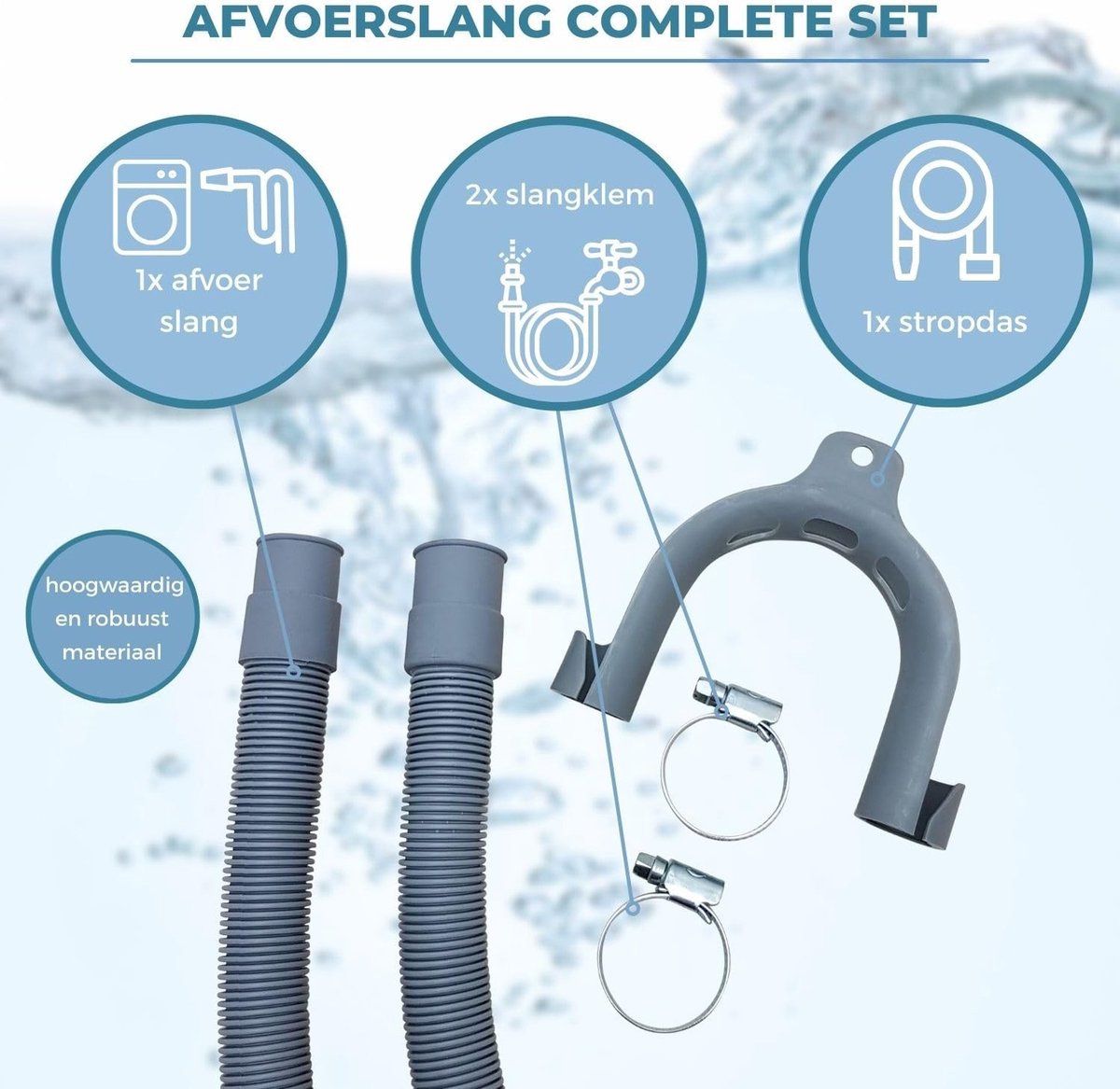 SnelShoppen - Lichtblauwe Afvoerslang Voor Wasmachine en Vaatwasser - 1,5 m Compleet Set met Beugel en Slangklemmen - Universeel Gebruik, Waterafvoer
