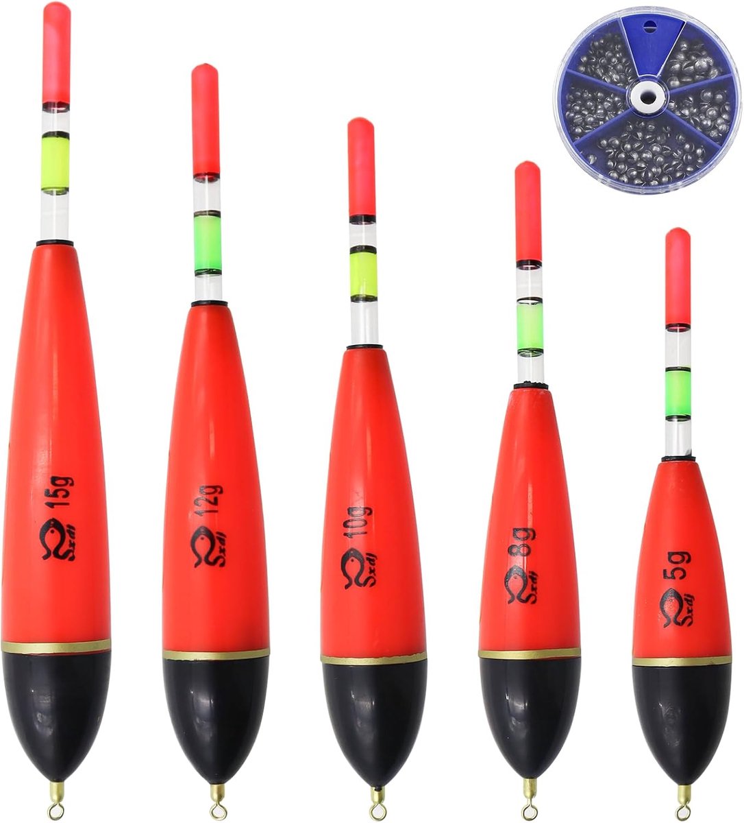 SnelShoppen - 5 stuks oplichtende hengeldobbers, EVA-schuim drijvers, 5g/8g/10g/12g/15g, set met verzinkgewichten voor snoek, baars, karper, vissen ac