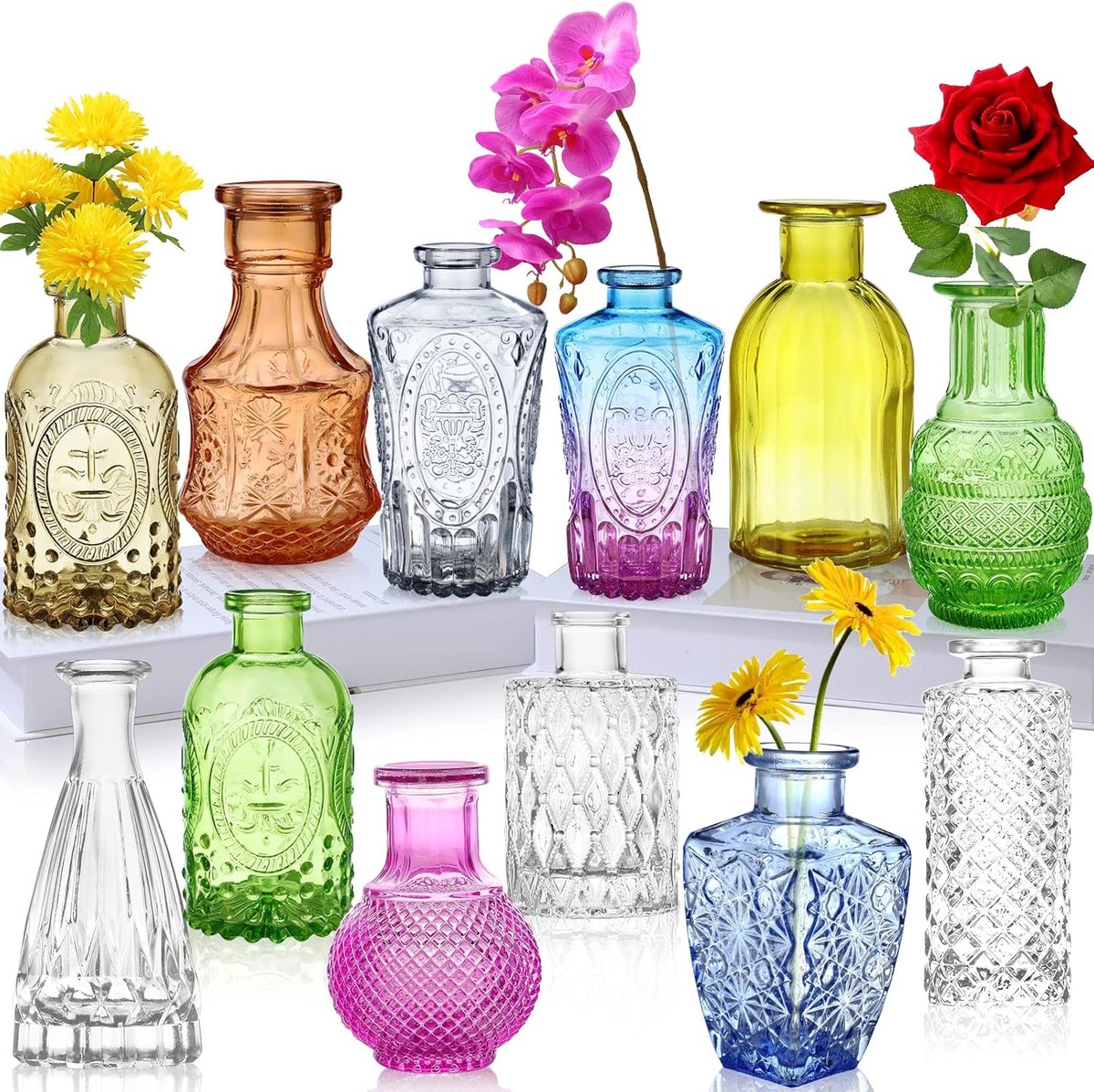 SnelShoppen - Set van 12 Glazen Bud Vazen, Kleine Vazen voor Bloemen, Gekleurde Enkele Knop Vazen, Mini Decor Rustic Vazen voor Centerpieces, Vintage
