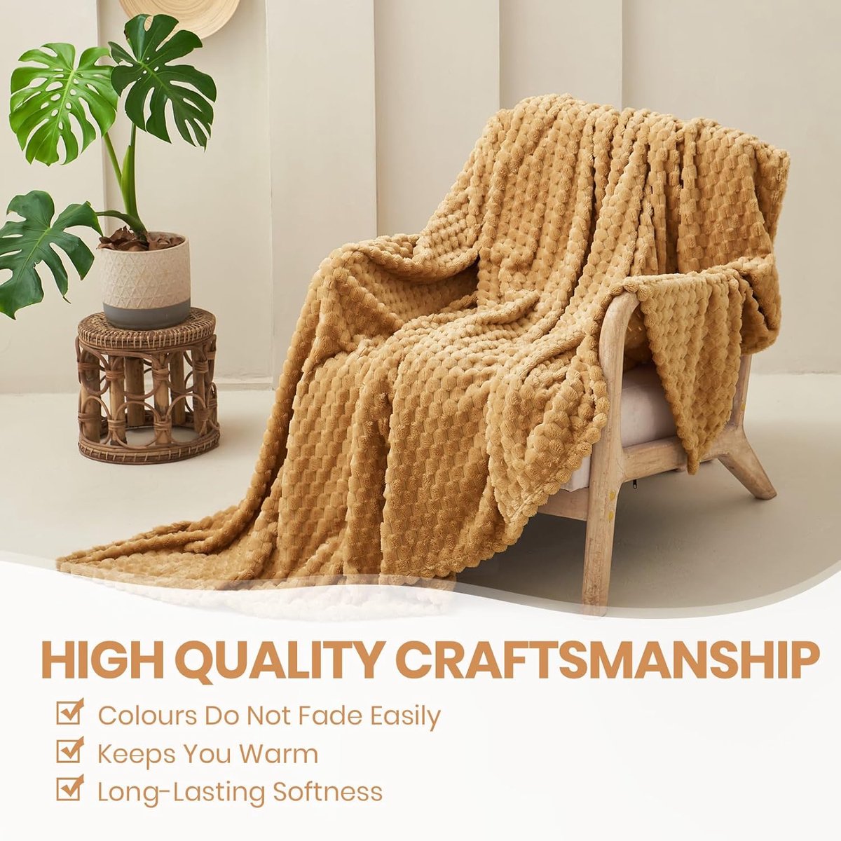 SnelShoppen - Good Nite Knuffeldeken, Fluffy Fleece Dekentje 130 x 150 cm, Zachte Microfiber Bankdeken, Warm Beige Bedsprei voor Sofa, Slaapkamer, Kan