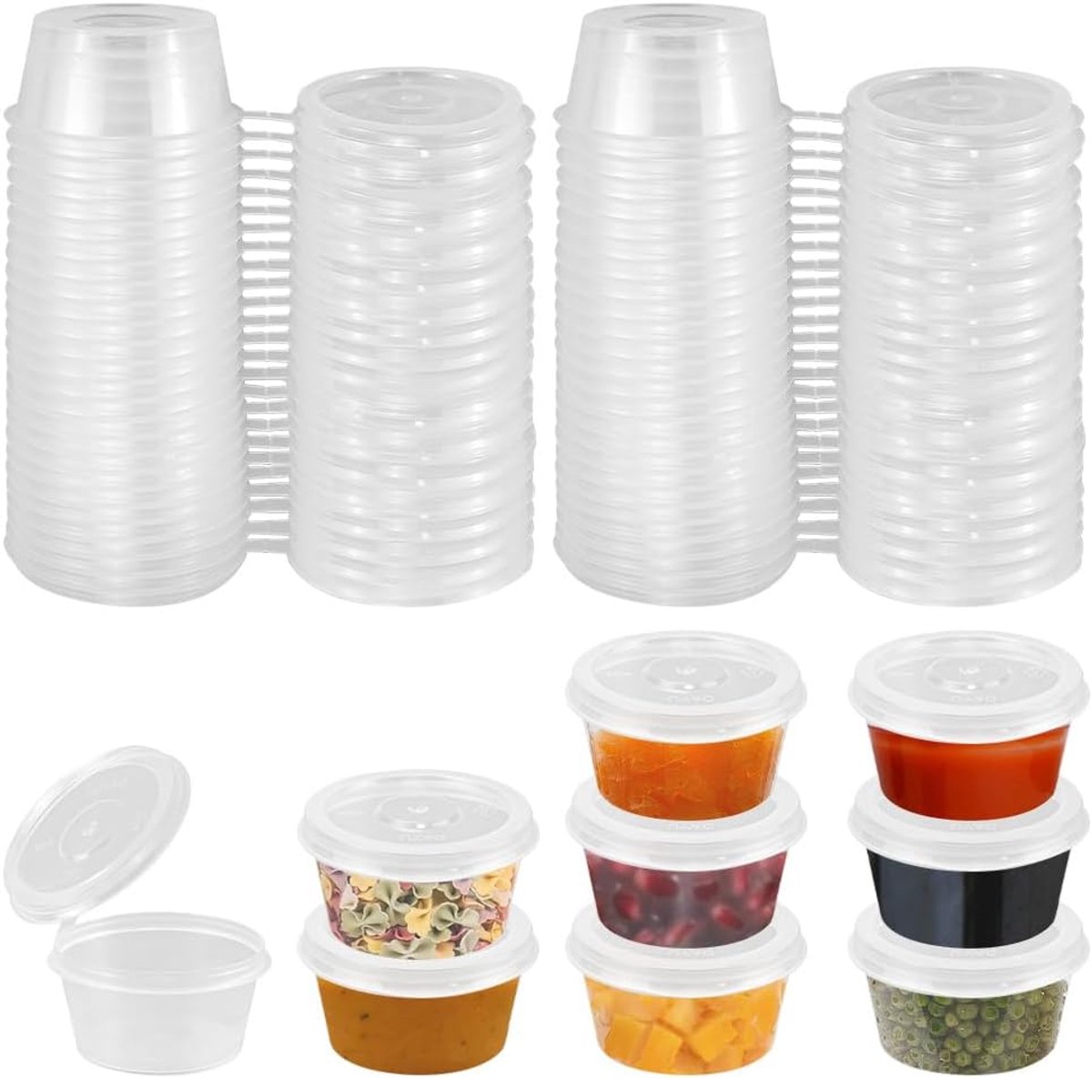 SnelShoppen - Opslagdozen met deksels, 100 ml, Lekvrije sausbekers, Dressing cups, Magnetronbestendig, Stapelbare plastic containers, 50 stuks, Perfec