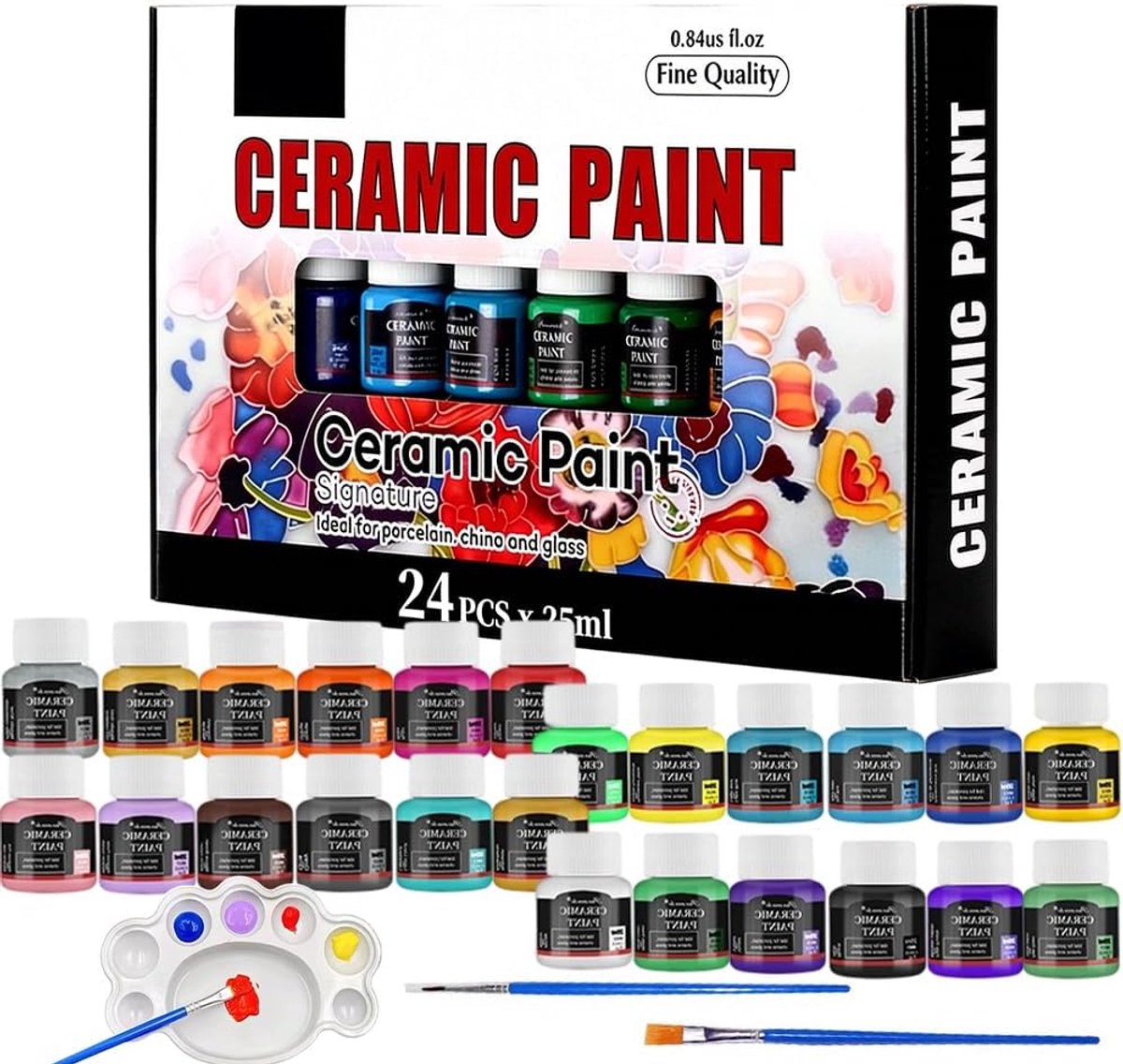 SnelShoppen - Porselein Verf Set 24 x 25 ml - Keramische Verf met 2 Penseel Pennen en 1 Palet - Veilig voor Kinderen - Waterbasis - Niet Giftig - Crea