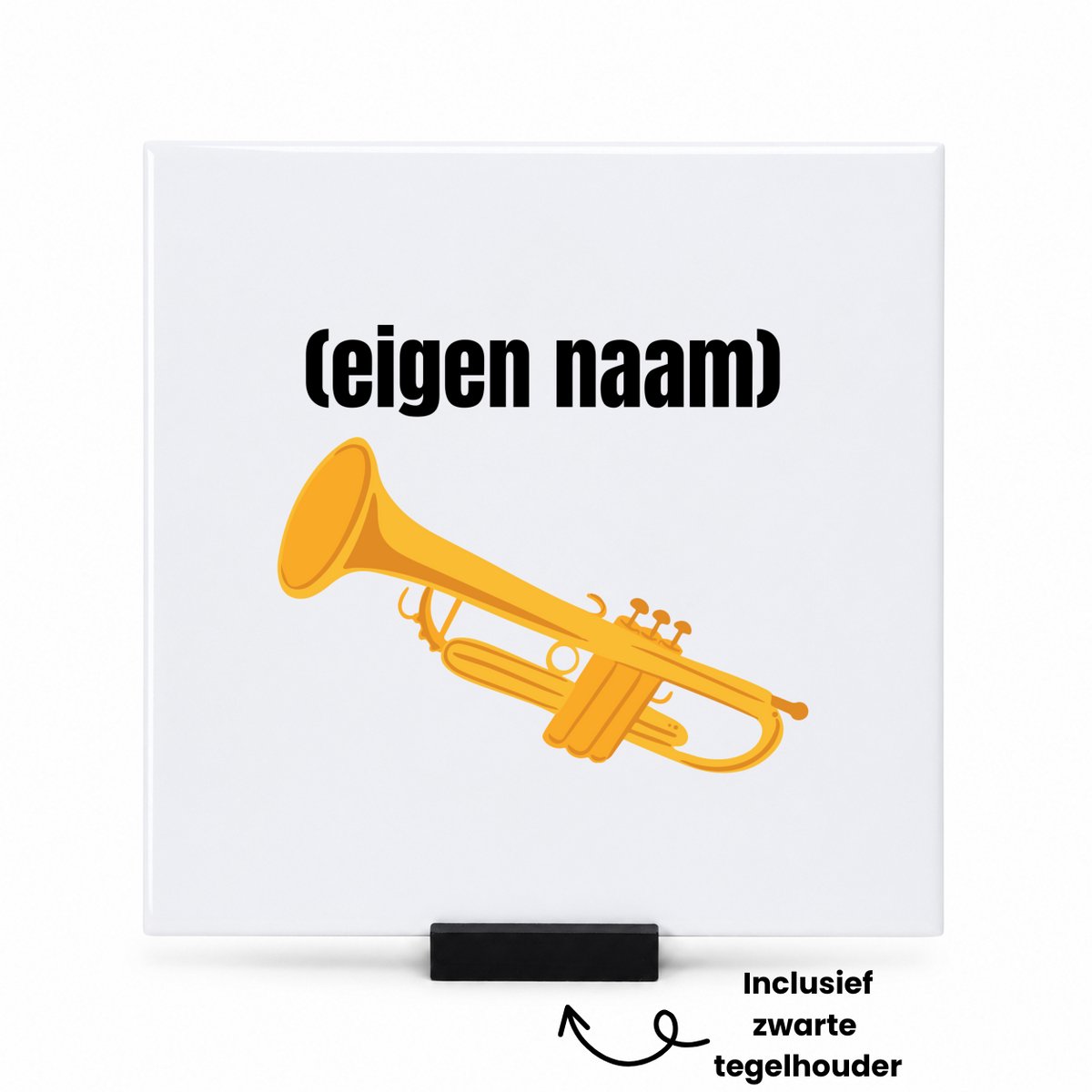 Hacebo trompet met eigen naam tegeltje met tegelhouder - Trompet - muziek liefhebbers - tegeltjes met tekst - iemand die houdt van trompetten - verjaardag - cadeau - kado - geschenk - spreuktegels - 15x15 CM Wit
