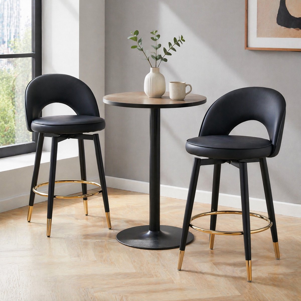 MODENUIT Barkruk 63,5 cm - 360° Draaibaar Met Rugleuning - Voor Bar En Keuken - Kunstleer Metaal - Zwart