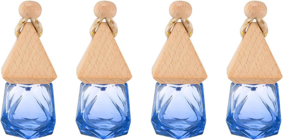 SnelShoppen - 4 Stuks Kleerhangers voor Auto, Aromatherapie Diffuser, Lege Parfumfles, Glas Transparant/Donkerblauw, Houten Deksel, Ideaal voor Thuis,