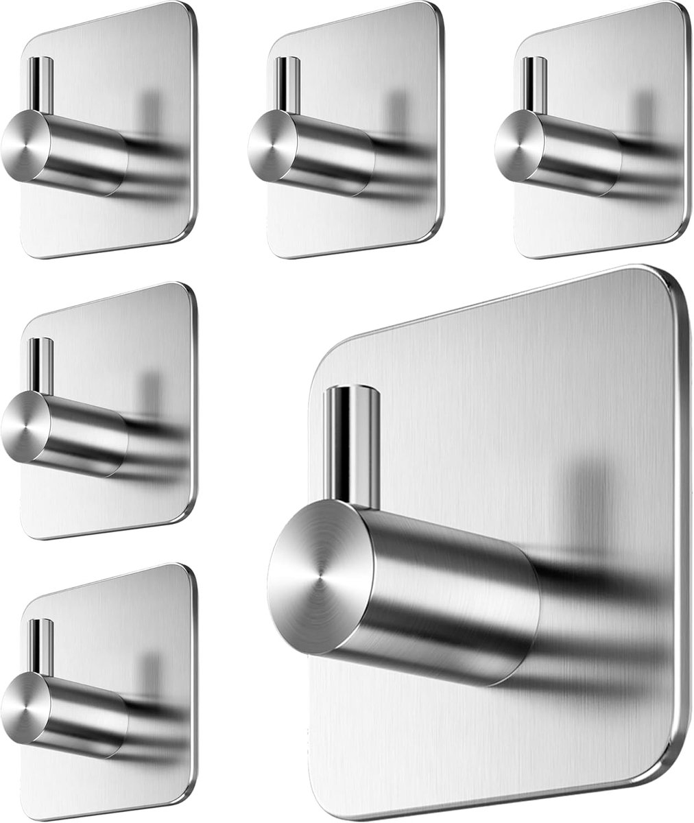SnelShoppen - Set van 6 Zelfklevende Handdoekhaken - RVS Waterdicht, Makkelijk Te Bevestigen Zonder Boren, Ideaal Voor Badkamer, Kleur: Zilver