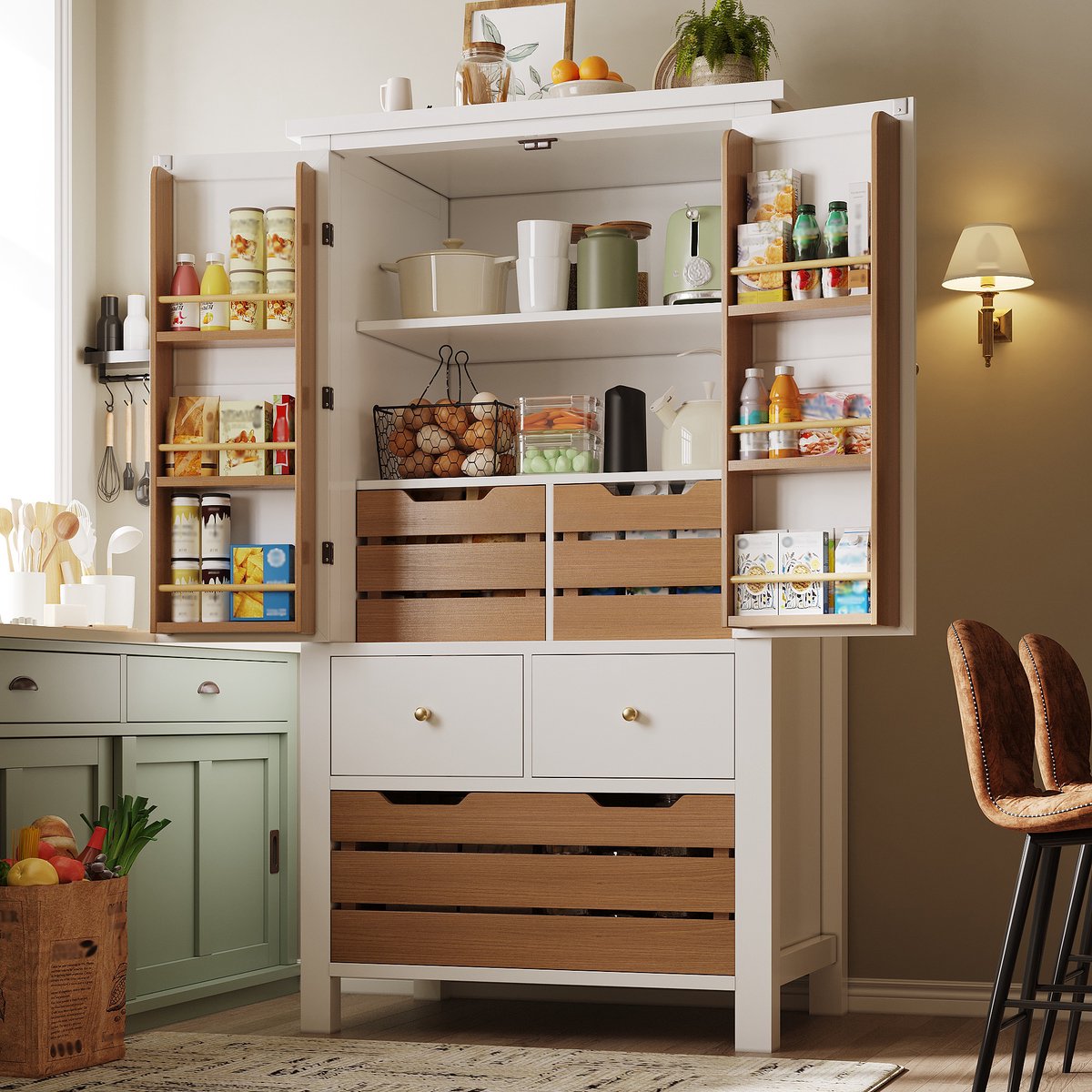 Wishdor - Keukenkast - Hoge opbergkast met 2 deuren en 5 lades - Retro landelijk - Voor keuken en eetkamer - Houtlook en metaal - Wit - 80 x 40 x 140 cm