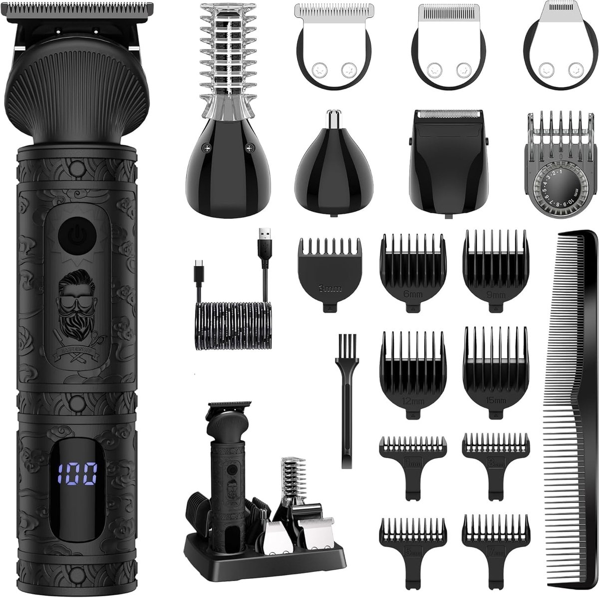 SnelShoppen - Professionele Baardtrimmer voor Mannen, 7-in-1 Grooming Set, T-Blade Trimmer, Draadloze Elektrische Scheerapparaat, Neus- & Lichaamstrim