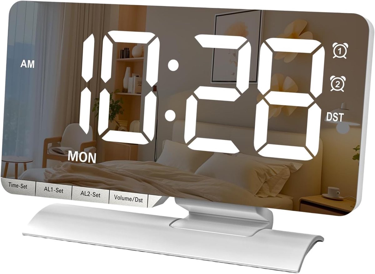 SnelShoppen - Digitale Alarmklok met Groot LED Spiegel Display, Dual Alarm Functie, Helderheid en Volume Aanpasbaar, Ideaal voor Slaapkamer en Kantoor