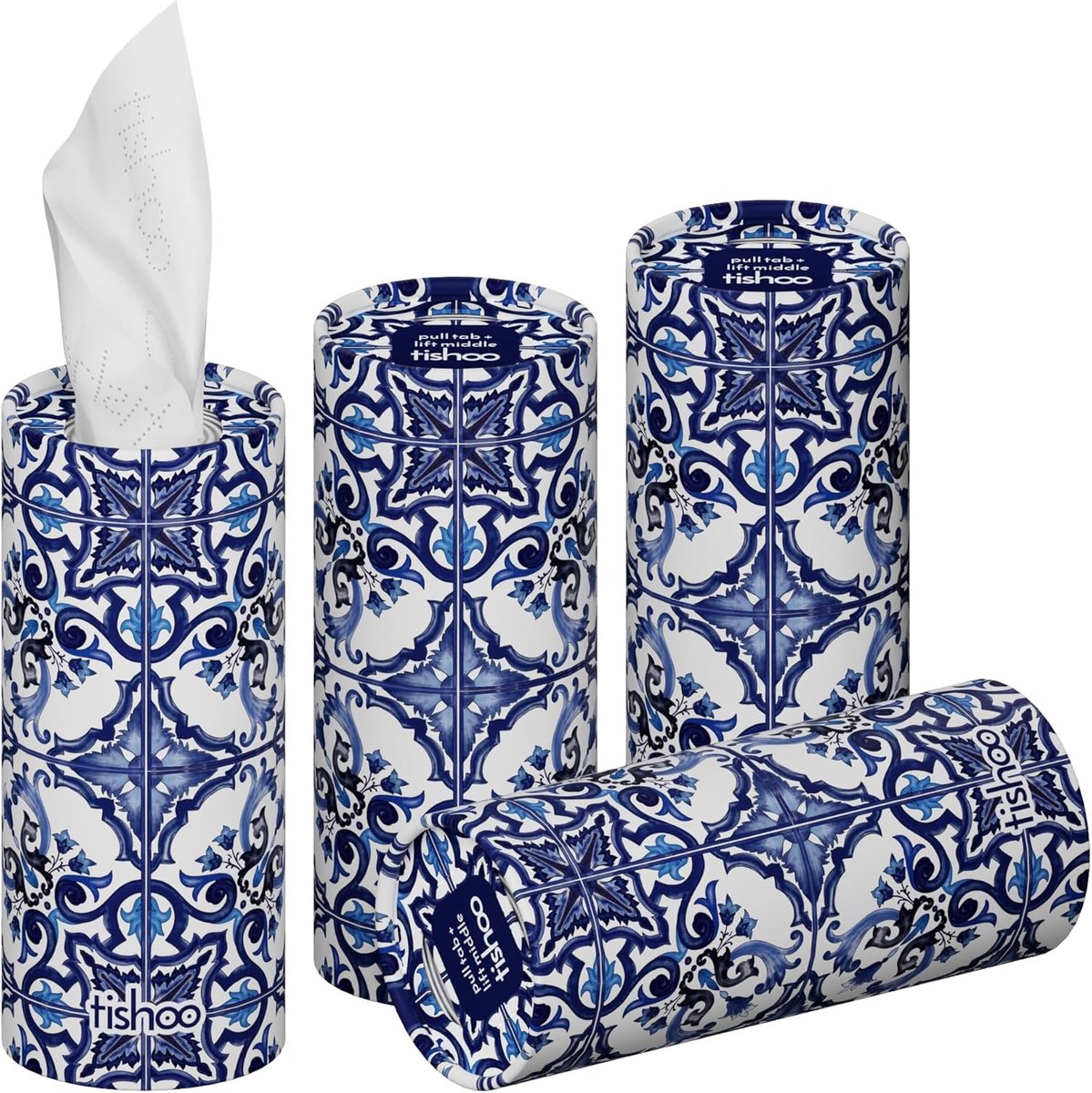 SnelShoppen - Hyaluronzuur Geïnfuseerde 4-Laags Ultra Luxe Tissue voor Auto, Thuis & Reizen | 4 Tubes in Plasticvrije Verpakking | Blauw/Maiolica