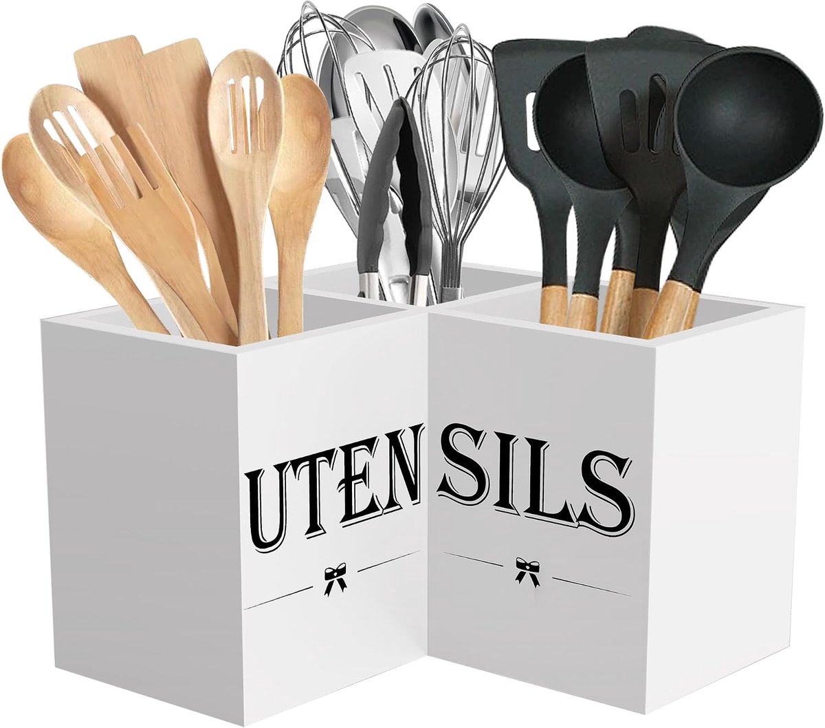 SnelShoppen - Extra Large Keuken Gereedschap Houder met 3 Compartimenten, Triangulaire Houten Organizer voor Aanrecht, Wit, Boerderij Decor