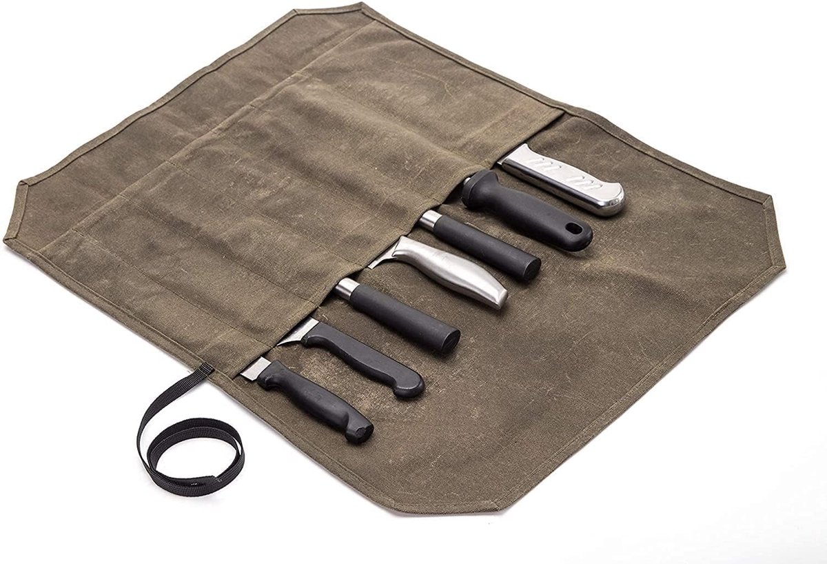 SnelShoppen - Chef's Knife Roll Up met 7 Compartimenten, Waxed Canvas Keukenmes Tas, Waterdicht, Lichtgewicht, Makkelijk te Dragen, 56 x 43 cm
