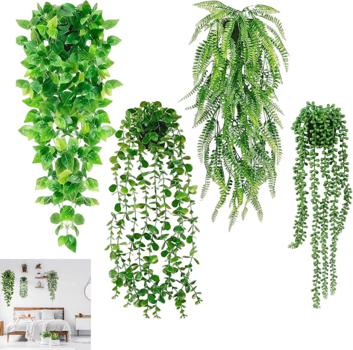 SnelShoppen - 4 Stuks Kunstplanten Set, Hangende Planten, Kunstmatige Hangplanten voor Binnen en Buiten, Decoratie voor Woonkamer, Kantoor, Muurdecora