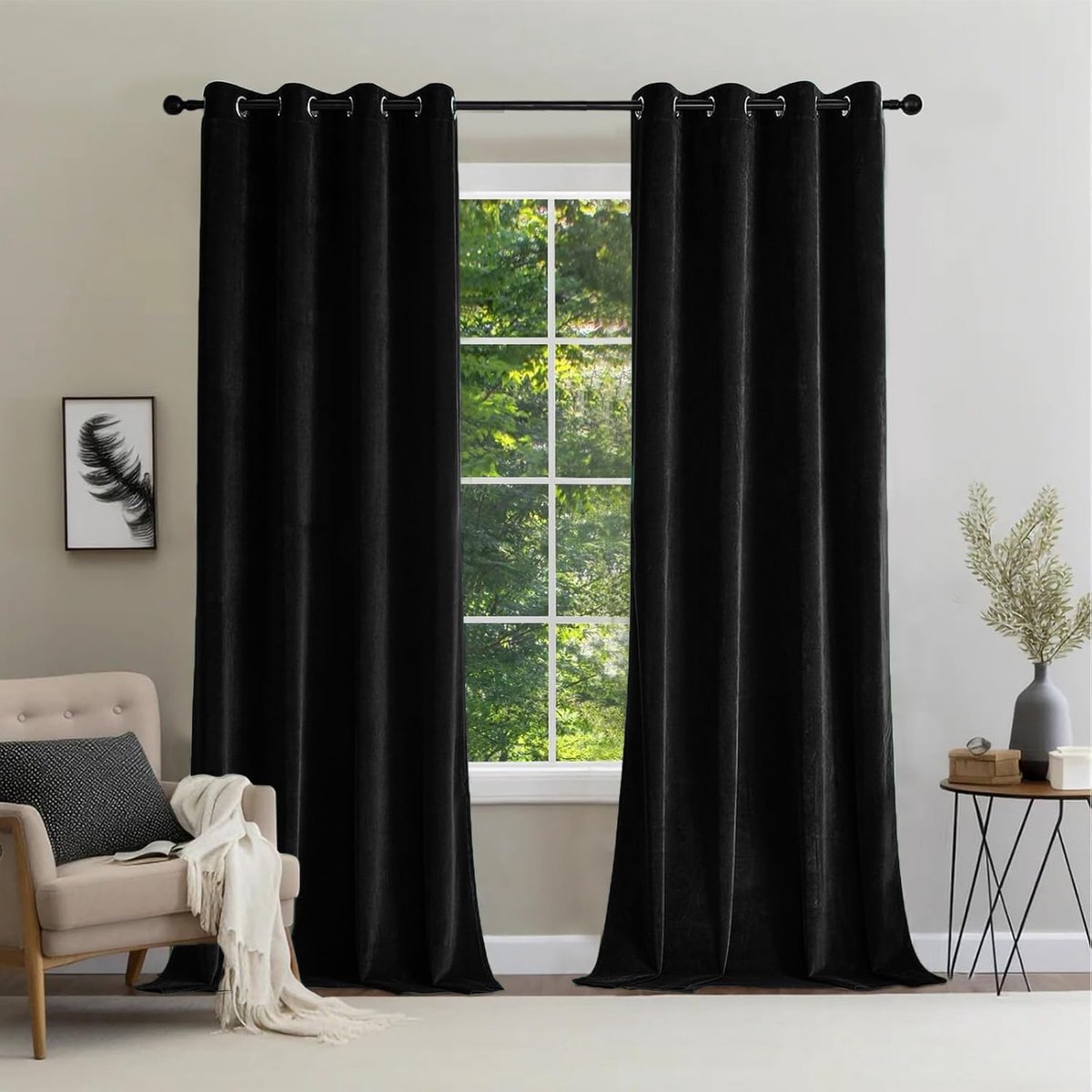 SnelShoppen - Luxe Zwarte Velours Gordijnen met Oogjes, Set van 2 Opaque en Lichtdichte Gordijnen 280 x 140 cm voor Woonkamer en Slaapkamer, Warmte-is