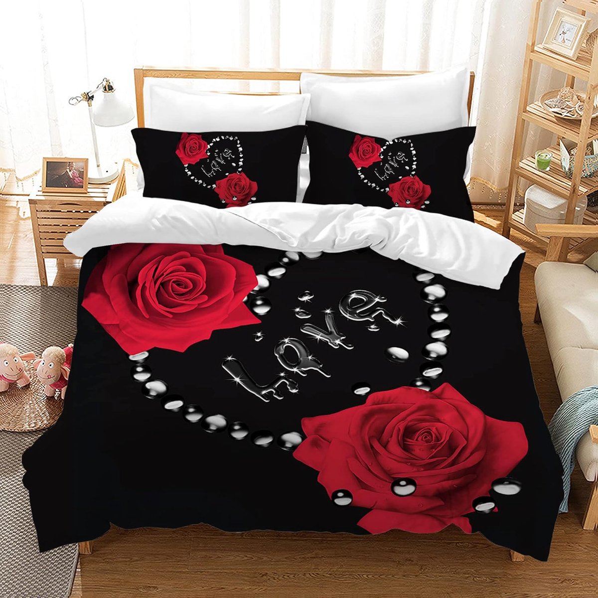SnelShoppen - 3D Rood Roze Dekbedovertrek Set met Rits en 2 Kussenslopen, Microfiber Creatieve Roze Beddengoed Set, 3-Piece voor Volwassenen en Kinder