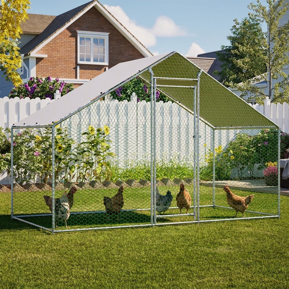 Kippenren - 3x1,5x2m - Kippenhok - Kleindierenren-Buitenren – Verzinkt staal – Waterdicht dak – Veiligheidsslot - Gaas - Buiten - - 1 Stuk - Zilver
